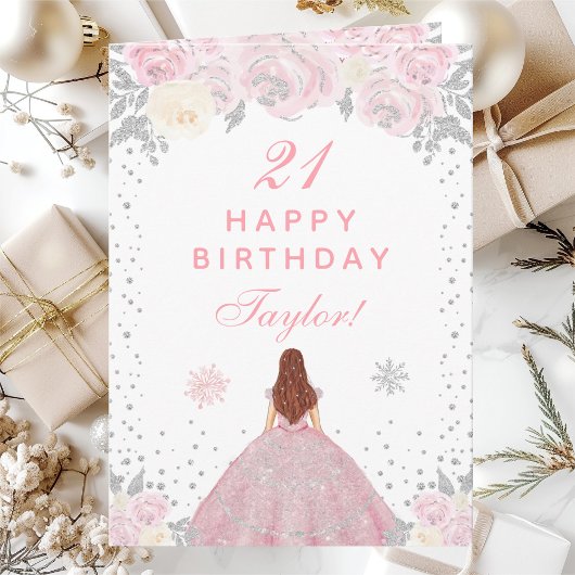 ピンクの冬の茶色の髪のプリンセス誕生日パーティー カード