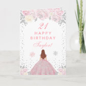 ピンクの冬の茶色の髪のプリンセス誕生日パーティー カード (正面)