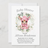 ピンクの冬の赤ちゃん女の子トナカイ赤ちゃんシャワー 招待状 (正面)