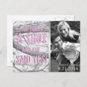 ピンクの冬の迷彩柄日付の結婚はがきを保存 ポストカード (正面/裏面)