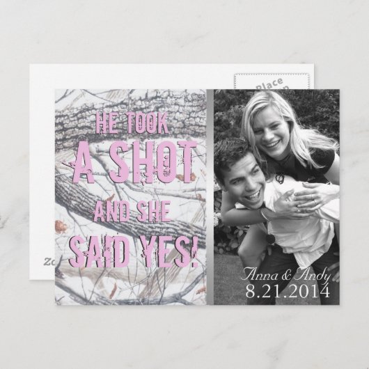 ピンクの冬の迷彩柄日付の結婚はがきを保存 ポストカード (正面/裏面)