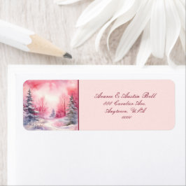 ピンクの冬の雪のシーンツリースカイトレイル ラベル