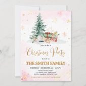ピンクの冬の雪の結晶クリスマスパーティー 招待状 (正面)