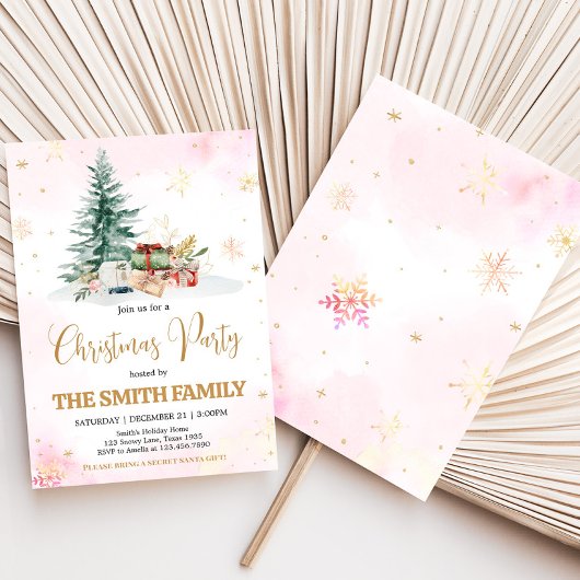 ピンクの冬の雪の結晶クリスマスパーティー 招待状