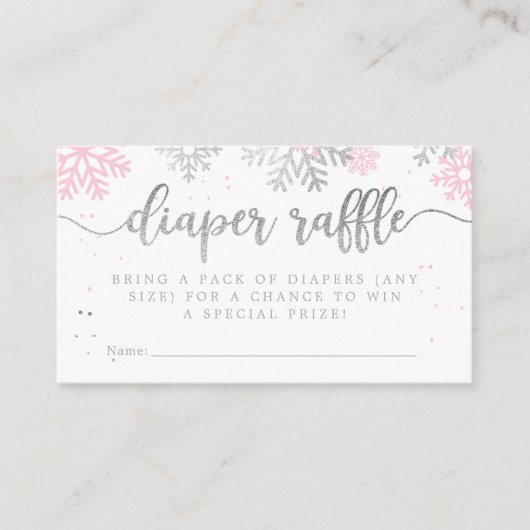 ピンクの冬の雪片ベビーシャワーおむつラッフル エンクロージャーカード (正面)