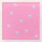 ピンクの冬の雪片 ガラスコースター (正面)
