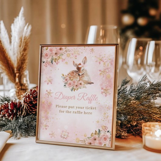 ピンクの冬の鹿その女の子の赤ちゃんシャワーおむつ ポスター