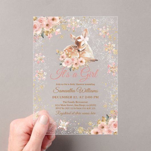 ピンクの冬の鹿その女の子の赤ちゃんシャワー アクリル招待状 (インサイチュ (ポータブル))