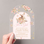 ピンクの冬の鹿その女の子の赤ちゃんシャワー アクリル招待状 (インサイチュ (ポータブル))