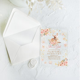 ピンクの冬の鹿その女の子の赤ちゃんシャワー アクリル招待状