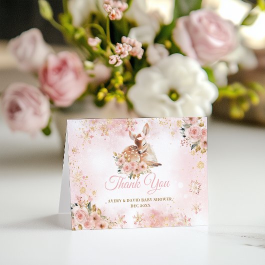 ピンクの冬の鹿その女の子の赤ちゃんシャワー サンキューカード