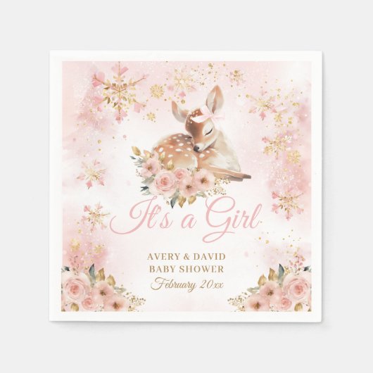 ピンクの冬の鹿その女の子の赤ちゃんシャワー スタンダードカクテルナプキン (正面)