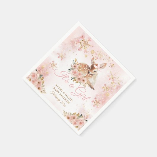 ピンクの冬の鹿その女の子の赤ちゃんシャワー スタンダードカクテルナプキン (角)