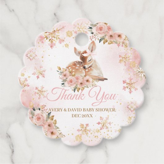 ピンクの冬の鹿その女の子の赤ちゃんシャワー フェイバータグ (正面)