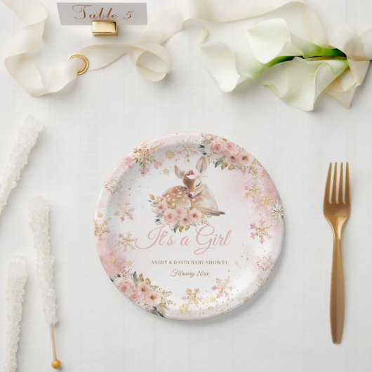 ピンクの冬の鹿その女の子の赤ちゃんシャワー ペーパープレート (ウェディング)