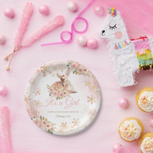 ピンクの冬の鹿その女の子の赤ちゃんシャワー ペーパープレート (パーティー)