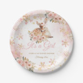 ピンクの冬の鹿その女の子の赤ちゃんシャワー ペーパープレート (正面)