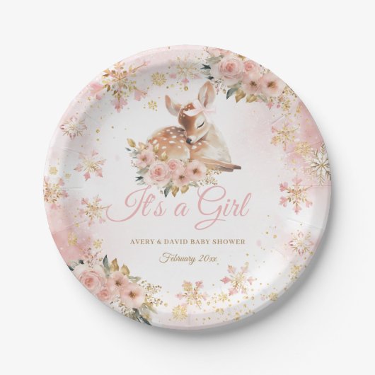 ピンクの冬の鹿その女の子の赤ちゃんシャワー ペーパープレート (正面)