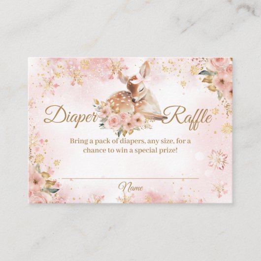 ピンクの冬の鹿の女の子の赤ちゃんシャワーおむつラッフル エンクロージャーカード (正面)