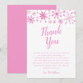 ピンクの冬エレガントのワンダーランドベビーシャワー サンキューカード (正面/裏面)