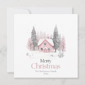 ピンクの冬コテージクリスマスグリーティングカード 招待状 (正面)