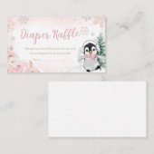 ピンクの冬ペンギン赤ちゃんシャワーおむつラッフル エンクロージャーカード (正面/裏面)