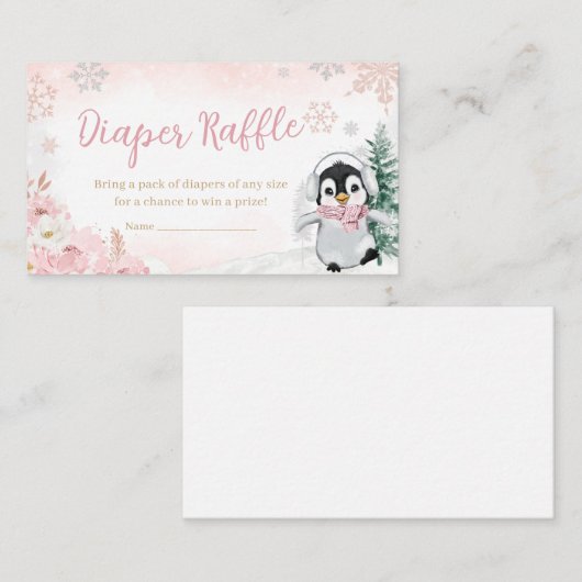 ピンクの冬ペンギン赤ちゃんシャワーおむつラッフル エンクロージャーカード (正面/裏面)