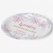 ピンクの冬ワンダーランド赤ちゃんシャワー雪の結晶ガール ペーパープレート (アングル)