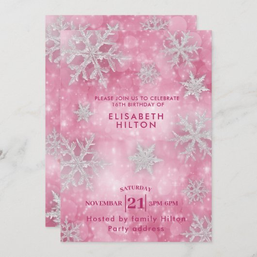 ピンクの冬ワンダーランド雪の結晶のドレス甘い16 招待状 (正面/裏面)