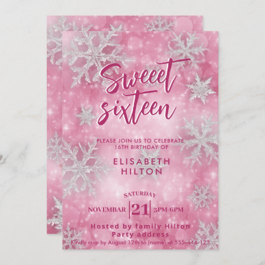 ピンクの冬ワンダーランド雪の結晶のドレス甘い16 招待状 (正面/裏面)