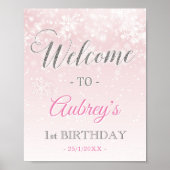 ピンクの冬凍っていのカスタマイズ女の子の歓迎サイン ポスター (正面)