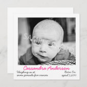 ピンクの出産報告カード 案内状 (正面/裏面)