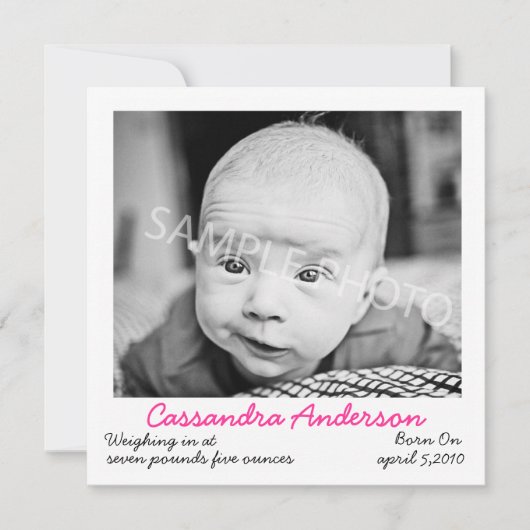 ピンクの出産報告カード 案内状 (正面)