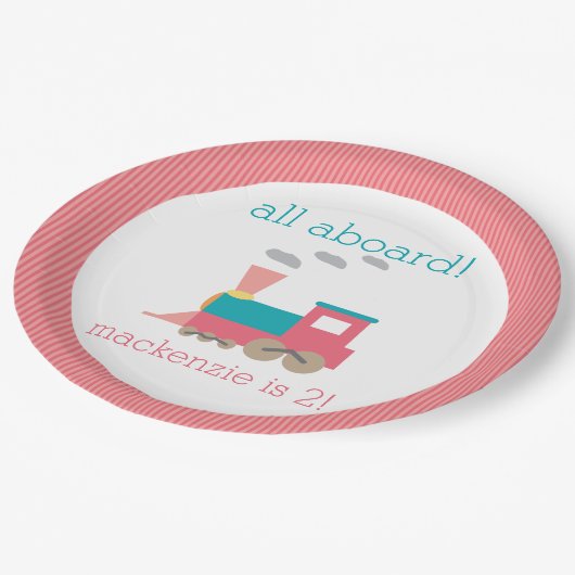 ピンクの列車の誕生会のプレート ペーパープレート (アングル)
