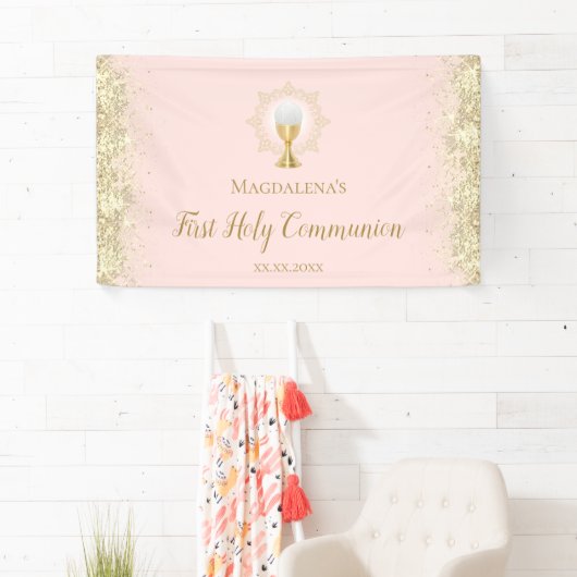 ピンクの初の聖餐フェイク式金ゴールドグリッター 横断幕 (インサイチュ)