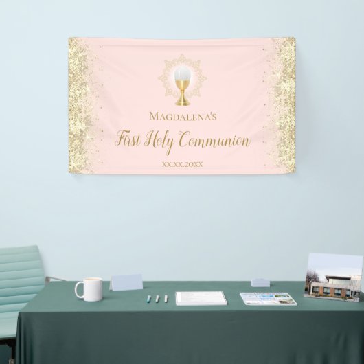 ピンクの初の聖餐フェイク式金ゴールドグリッター 横断幕 (トレードショー)