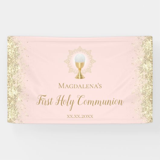 ピンクの初の聖餐フェイク式金ゴールドグリッター 横断幕 (横)