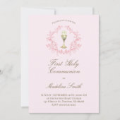 ピンクの初聖体拝領の杯 緑の飾り crest 招待状 (正面)