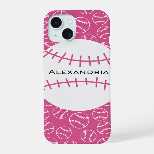 ピンクの刺繍の野球ソフトボール柄 iPhone 15ケース (裏面)