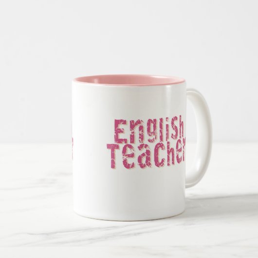 ピンクの動揺してな文字の英語の先生 ツートーンマグカップ (正面右)