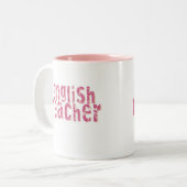 ピンクの動揺してな文字の英語の先生 ツートーンマグカップ (正面左)