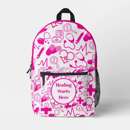 ピンクの医療アイコンパターンカスタマイズ可能な医療 プリントバックパック (正面)
