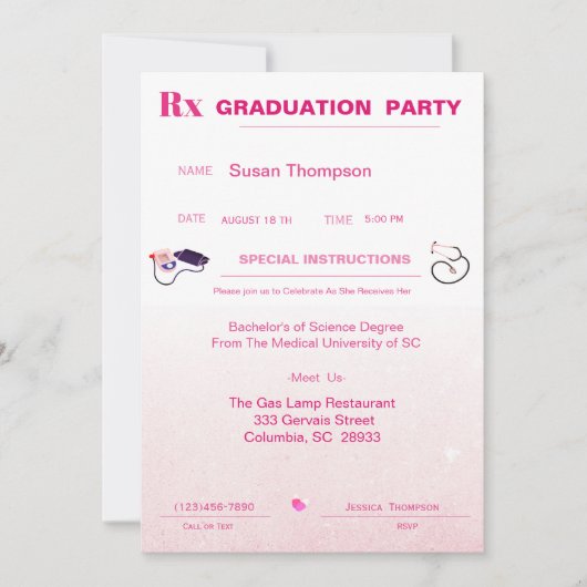 ピンクの医療処方箋パッドの卒業 招待状 (正面)