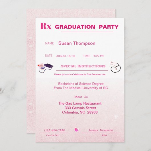 ピンクの医療処方箋パッドの卒業 招待状 (正面/裏面)