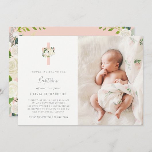 ピンクの十字と白い花|フォトガールバプテスマ 招待状 (正面/裏面)