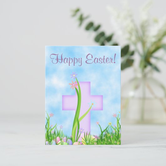 ピンクの十字と花のハッピーイースターはがき シーズンポストカード (スタンド正面)
