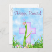 ピンクの十字と花のハッピーイースターはがき シーズンポストカード (正面/裏面)