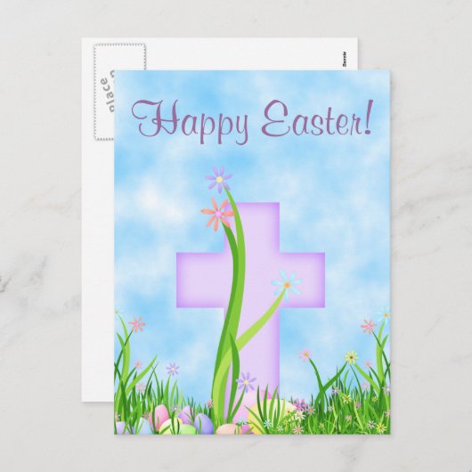 ピンクの十字と花のハッピーイースターはがき シーズンポストカード (正面/裏面)