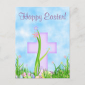 ピンクの十字と花のハッピーイースターはがき シーズンポストカード (正面)