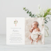 ピンクの十字架と白い花 | フォト ガール 洗礼 招待状 (スタンド正面)